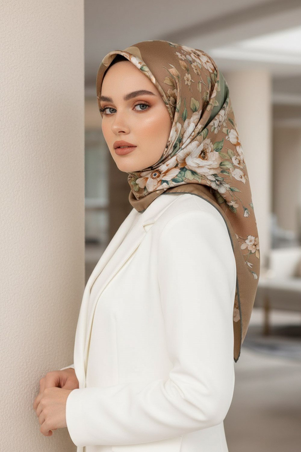 %100 Twill İpek Geometrik Ve Çiçek Desenli Haki Renkli 90x90 Eşarp Dikim Şekli : El Dikişi