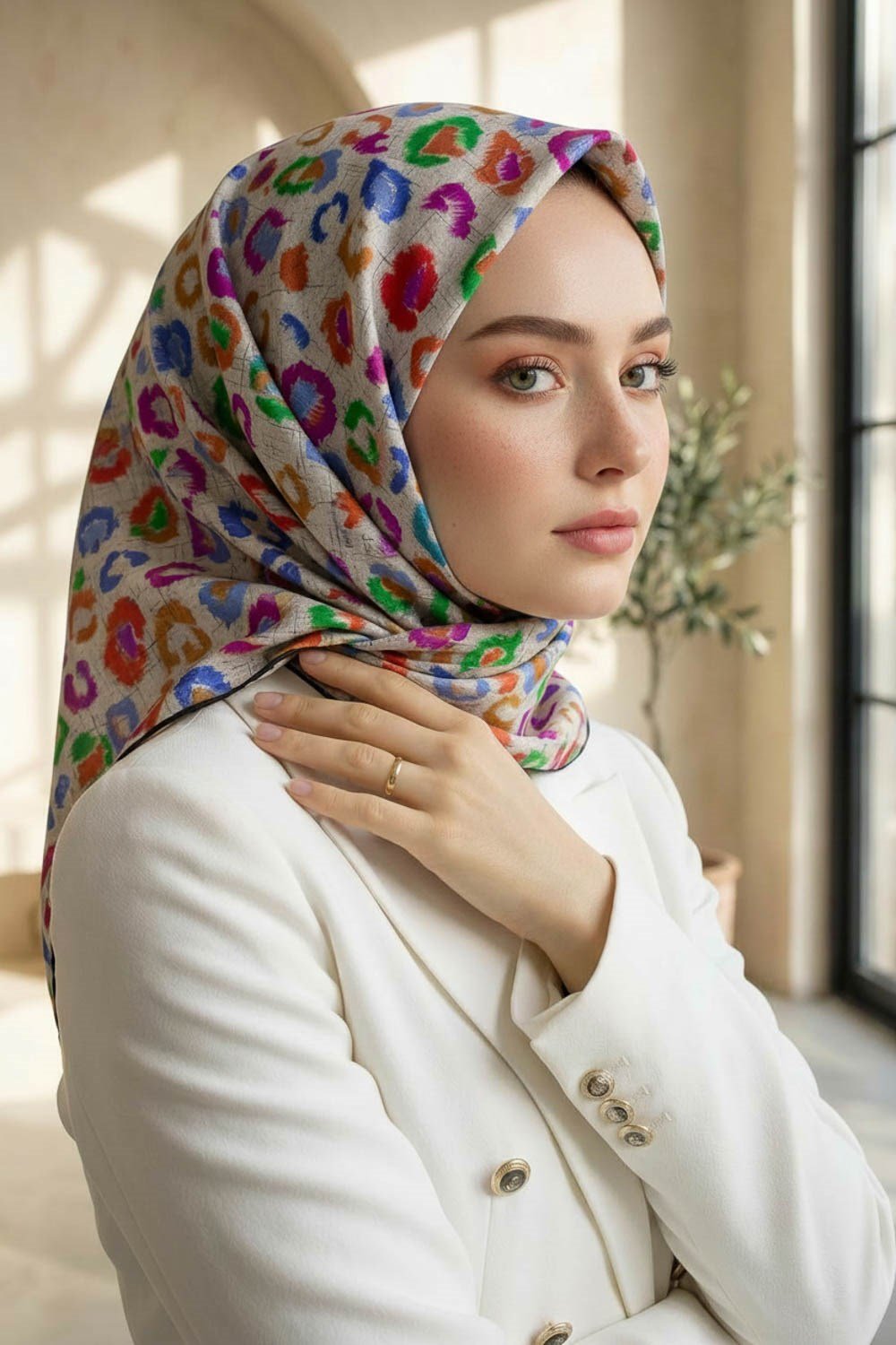 %100 Twill İpek Renkli Leopari Desenli Turuncu - Saks Renkli 90x90 Eşarp Kenar Dikiş Şekli El Dikişli
