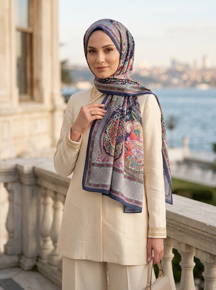 %100 İPEK ETRO DESENLİ LACİVERT - TURUNCU RENKLİ ŞAL