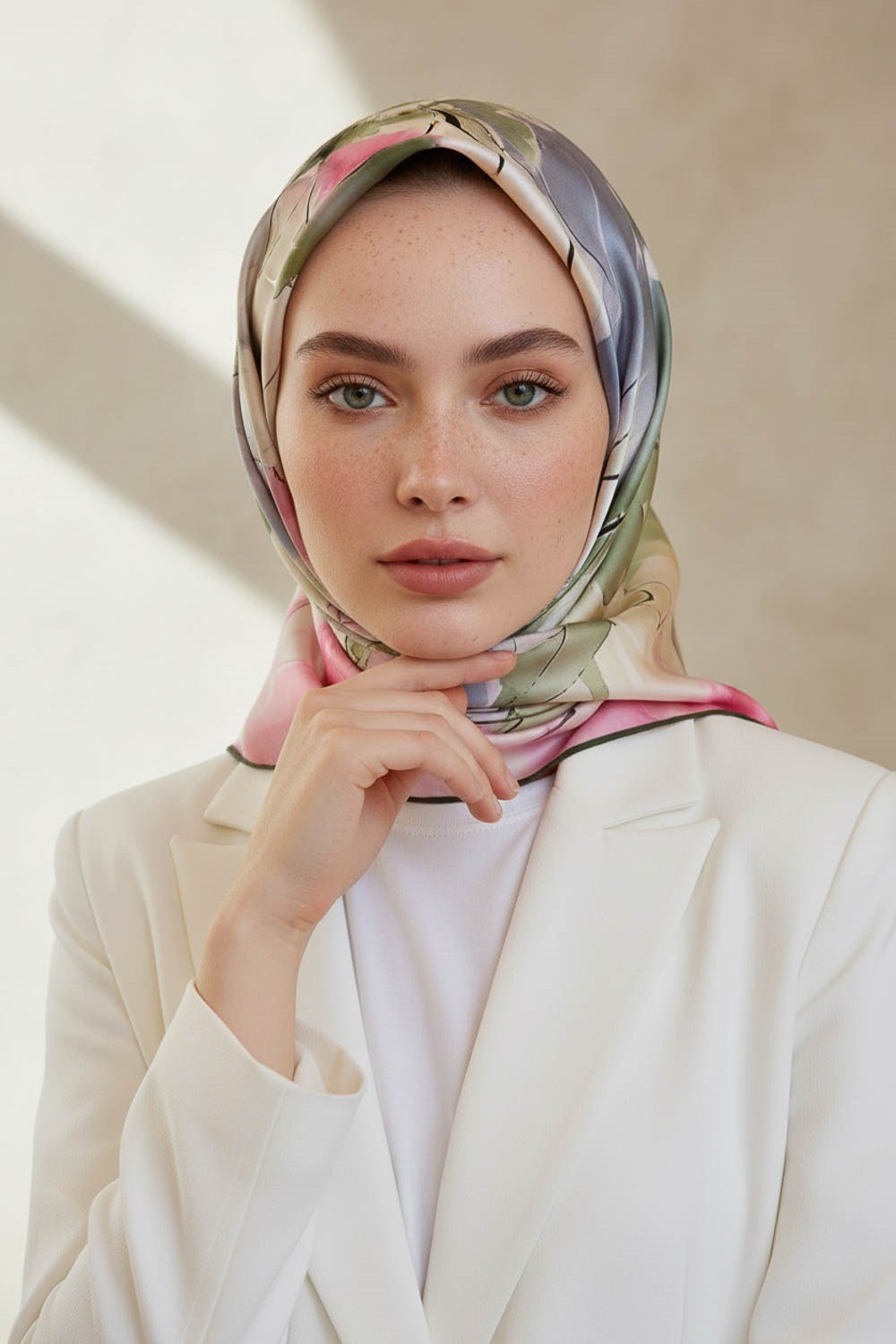 %100 Twill İpek Sulu Boya Çiçek Desenli Haki Renkli 90x90 Eşarp Dikim Şekli : El Dikişi