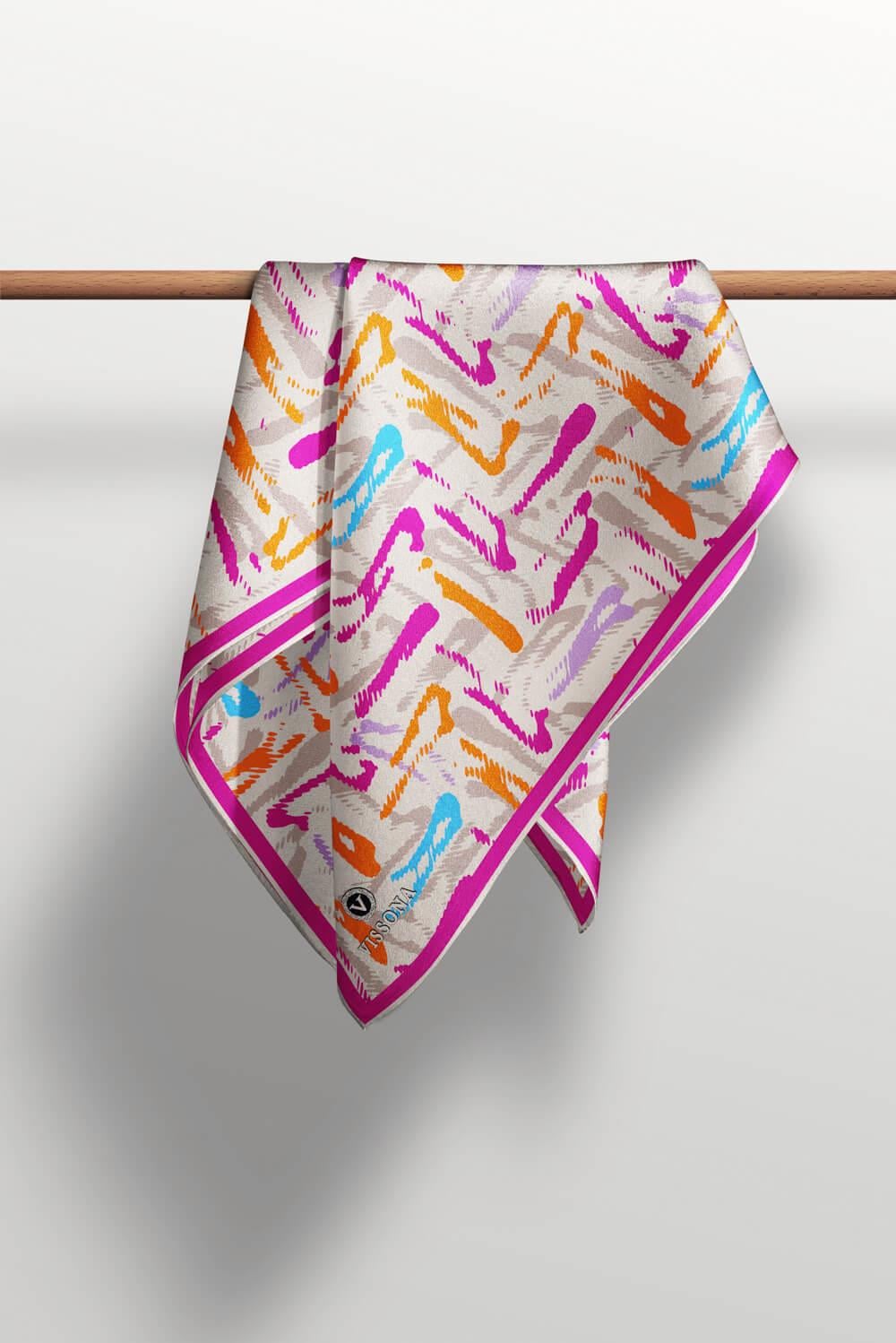 %100 Twill İpek Geometrik Desenli Turuncu - Pembe Renkli 90x90 Eşarp Dikim Şekli : El Dikişi