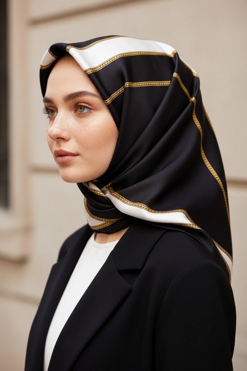 %100 Twill İpek Barok Ve Şerit Desenli Siyah - Krem Renkli 90x90 Eşarp Dikim Şekli : El Dikişi