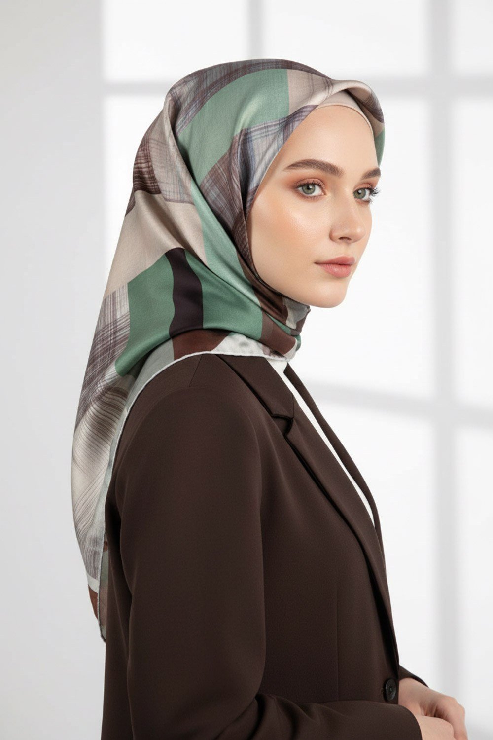 Twill Geometrik Desenli Kahverengi Renkli 90x90 Eşarp (İpek İçermez) Kenar Dikiş Şekli El Dikişli