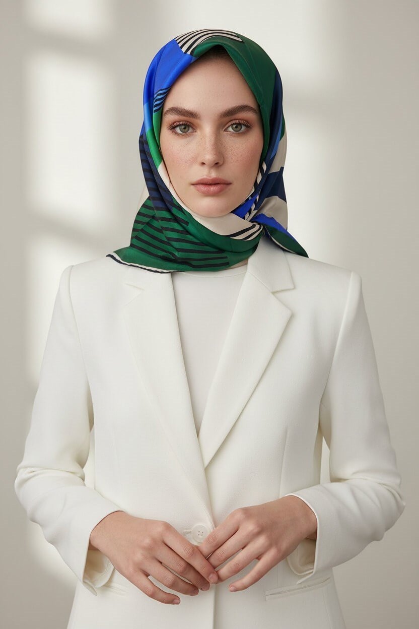 100% Twill İpek Geometrik Desenli Saks - Zümrüt Yeşili Renkli 90x90 Dikim Şekli : El Dikişi Eşarp