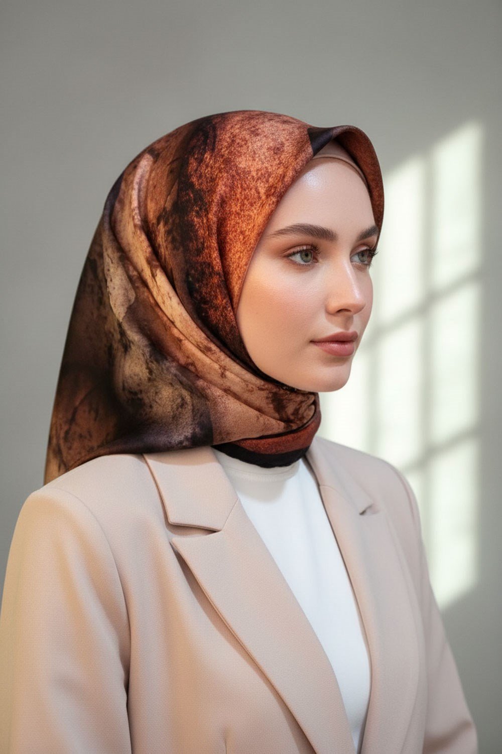 %100 Twill İpek Dokulu Ve Geometrik Desenli Taba - Hardal Renkli 90x90 Eşarp Dikim Şekli : El Dikişi