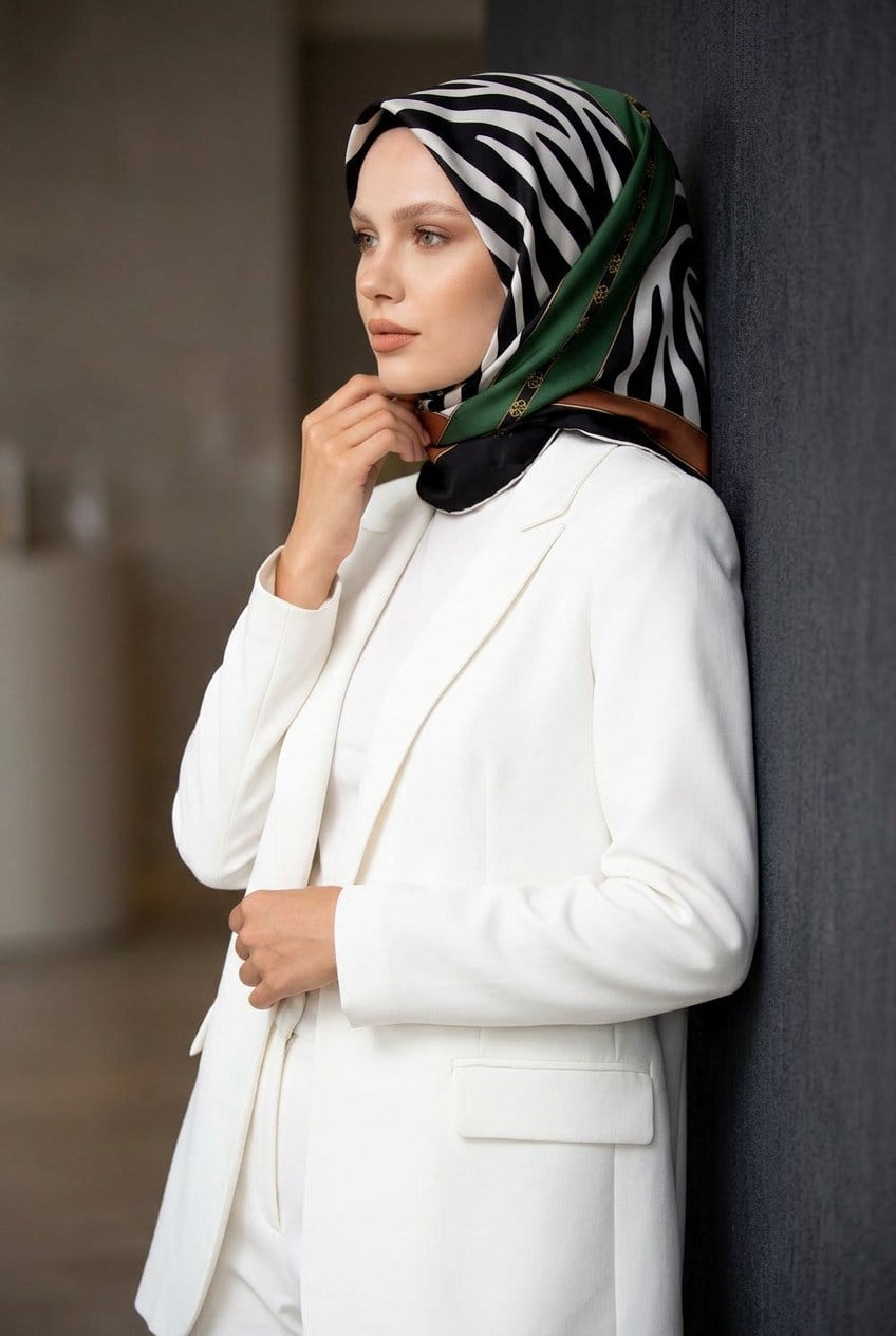 %100 Twill İpek Zebra Desenli Vizon - Zümrüt Yeşili Renkli 90x90 Eşarp Kenar Dikiş Şekli El Dikişli