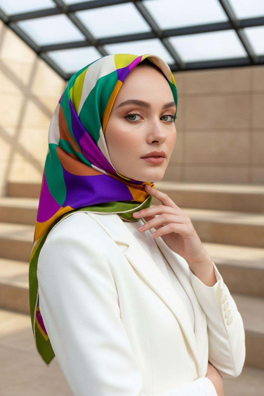 %100 Twill Renk Bloklu Çizgili Desenli Haki - Mor Renkli 90x90 Eşarp Dikim Şekli: El Dikişii