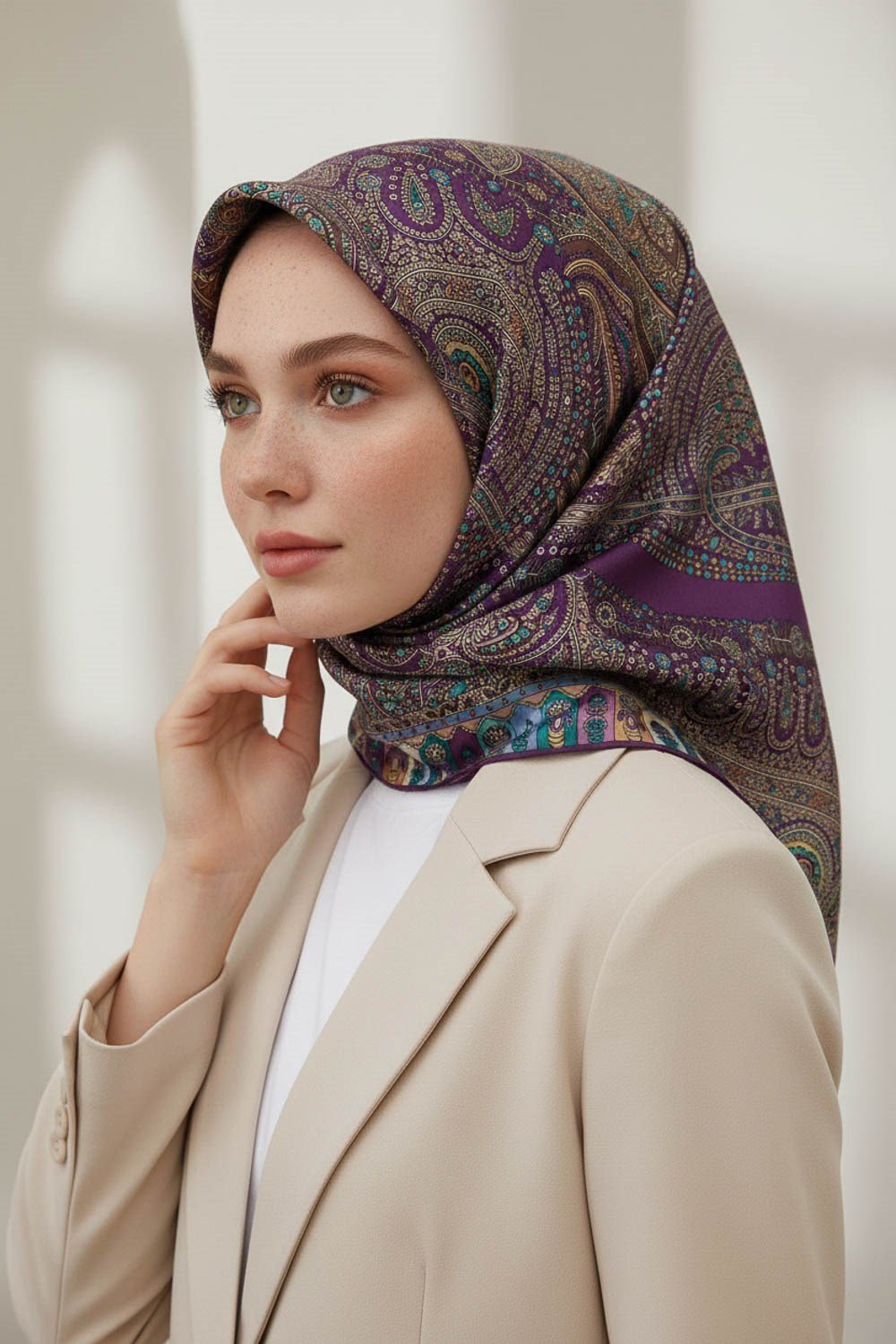 %100 Twill İpek Etro Desenli Mürdüm Renkli 90x90 Eşarp Dikim Şekli : El Dikişi