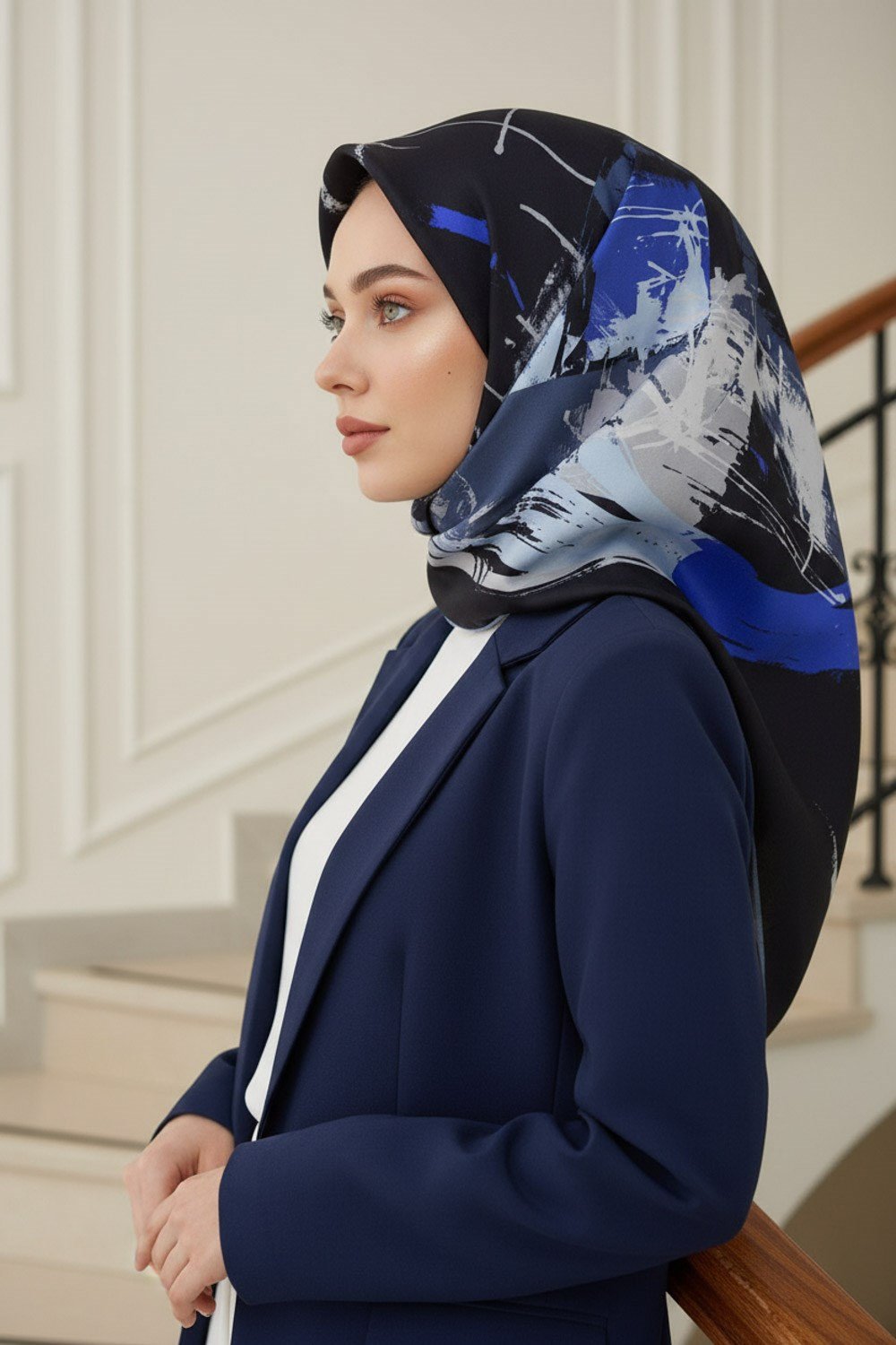 %57 İPEK %43 VİSKON Twill İpek Geometrik Desenli Lacivert - Bebe Mavisi Renkli 90x90 Eşarp Dikim Şekli : El Dikişi