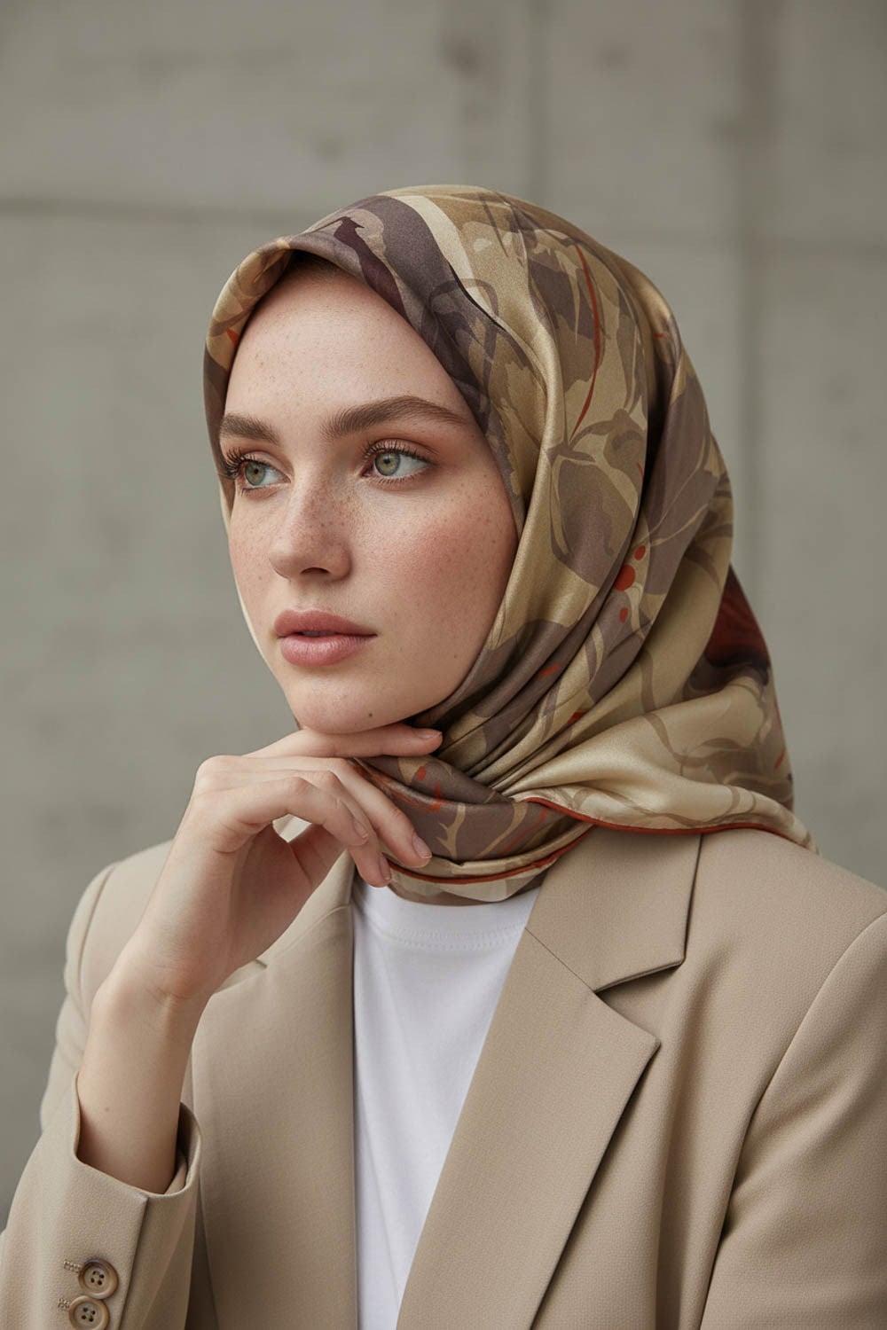 %100 Twill İpek Çiçekli Sulu Boya Dalga Desenli Bej - Taba Renkli 90x90 Eşarp Dikim Şekli : El Dikişi