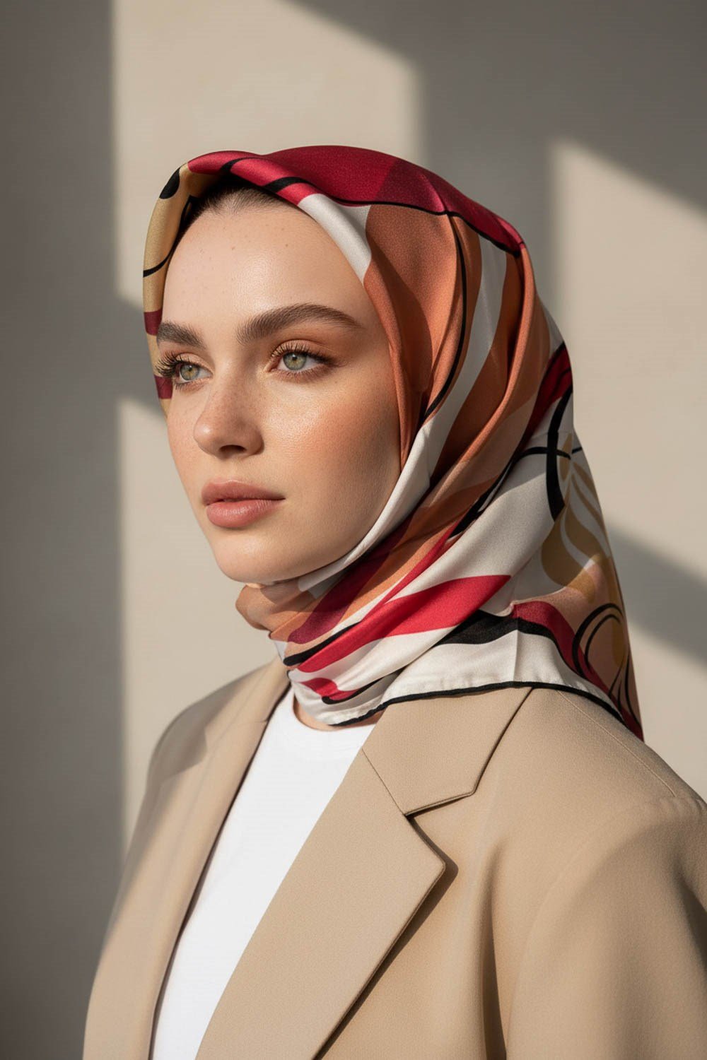%100 Twill İpek Çiçek Desenli Bordo - Bej Renkli 90x90 Eşarp Dikim Şekli : El Dikişi