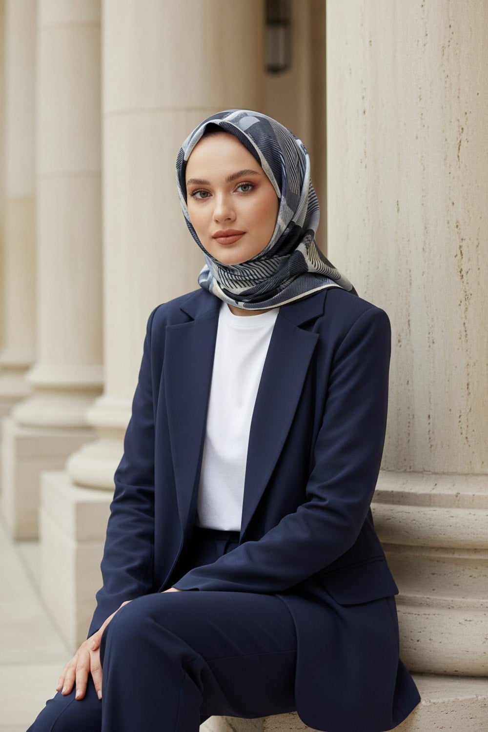 %100 Twill İpek Geometri Desenli Siyah-Krem Renkli 90x90 Eşarp Kenar Dikiş Şekli El Dikişli