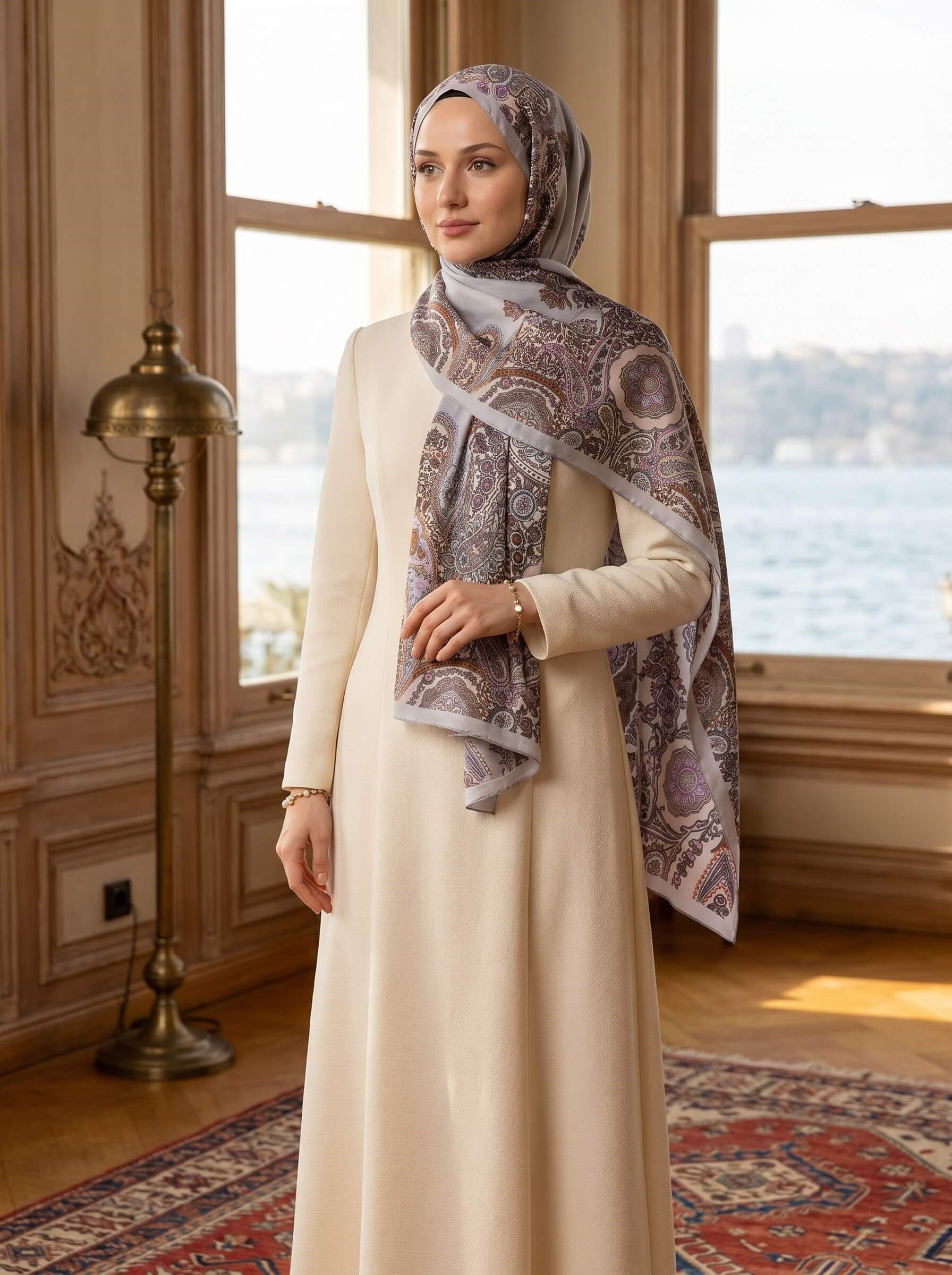 %100 Saf İpek Şal İnce Saten Vual Dokuma Etro Desenli Gri Renkli 90x210 Şal