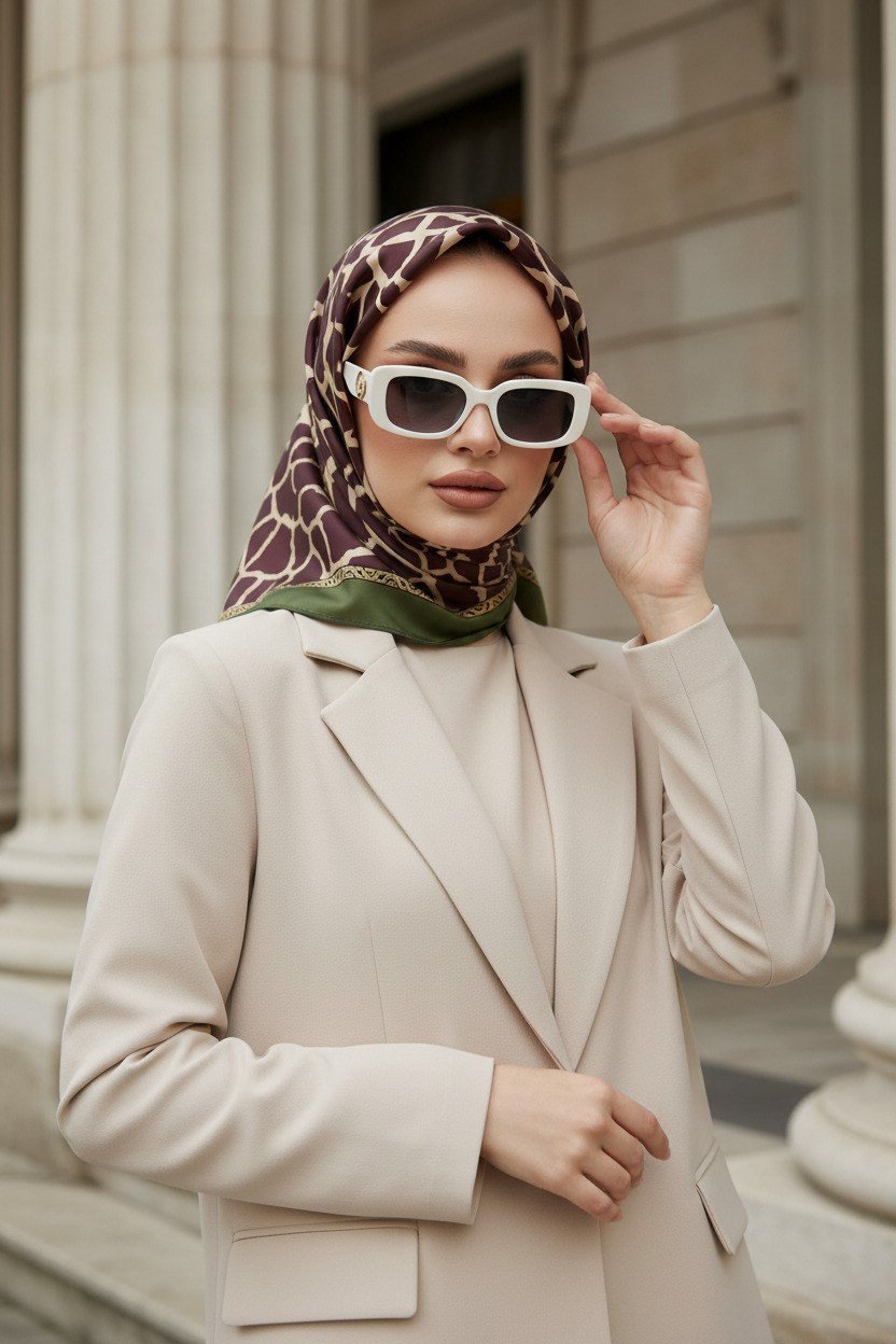 %100 Twill Taş Desenli Bej - Haki Renkli 90x90 Eşarp Dikim Şekli: El Dikişi