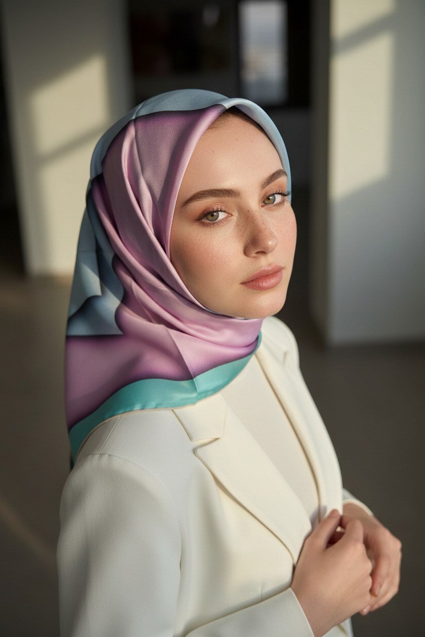 %100 Twill Renk Bloklu Çizgili Desenli Pudra - Bebe Mavisi Renkli 90x90 Eşarp Dikim Şekli: El Dikişii