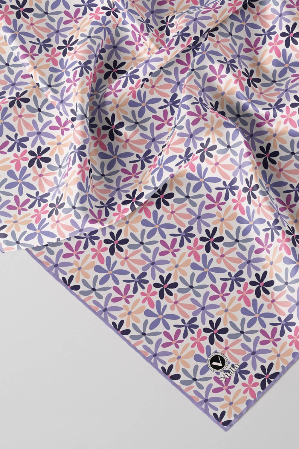 Twill Renkli Çiçek Desenli Lila Renkli 90x90 Eşarp (İpek İçermez) Kenar Dikiş Şekli El Dikişli