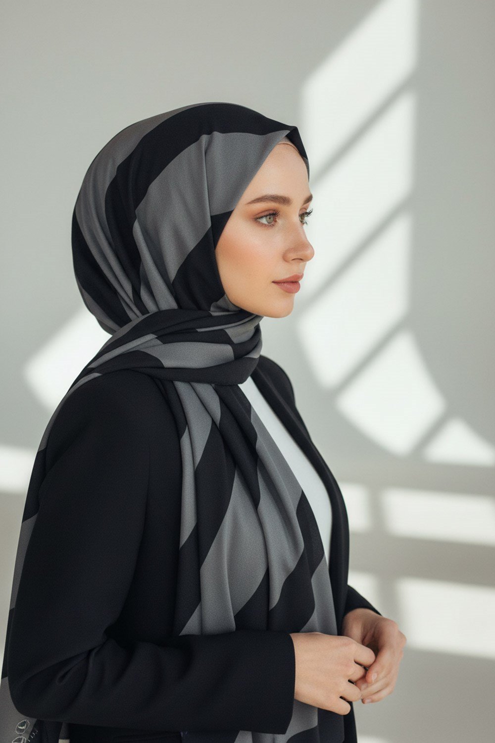KREP ÇİZGİLİ DESENLİ GRİ - SİYAH RENKLİ 75X195 KIRIŞMAZ ŞAL