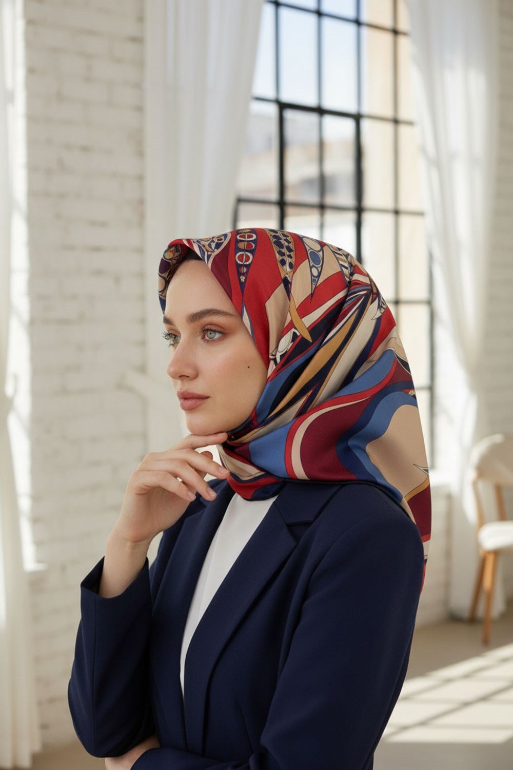 100% Twill Etnik Yaprak Desenli Bordo - Lacivert Renkli 90x90 Dikim Şekli : El Dikişi Eşarp