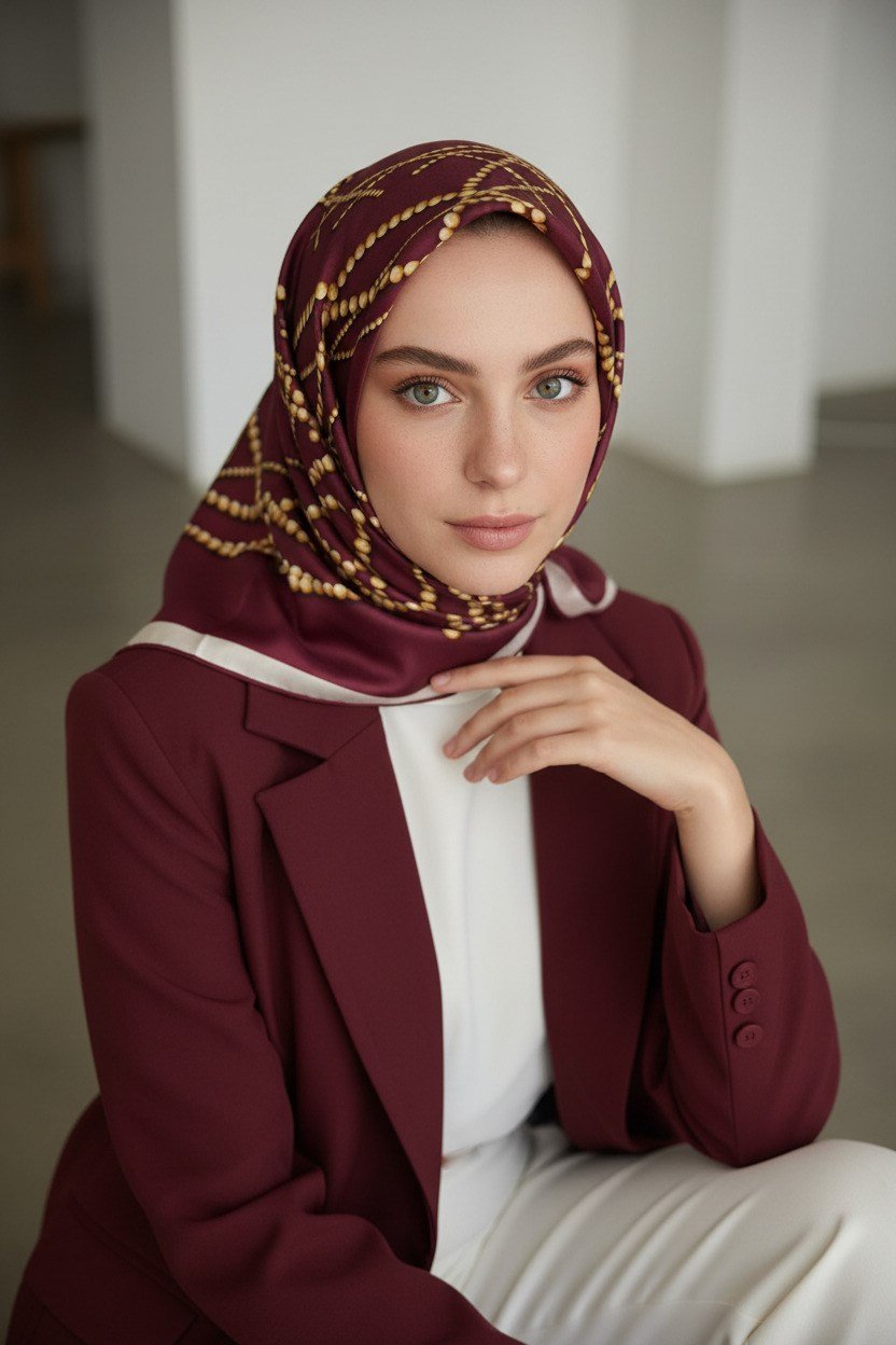 %100 Twill İpek İnci Desenli Bordo Renkli 90x90 Eşarp Kenar Dikiş Şekli : El Dikişli