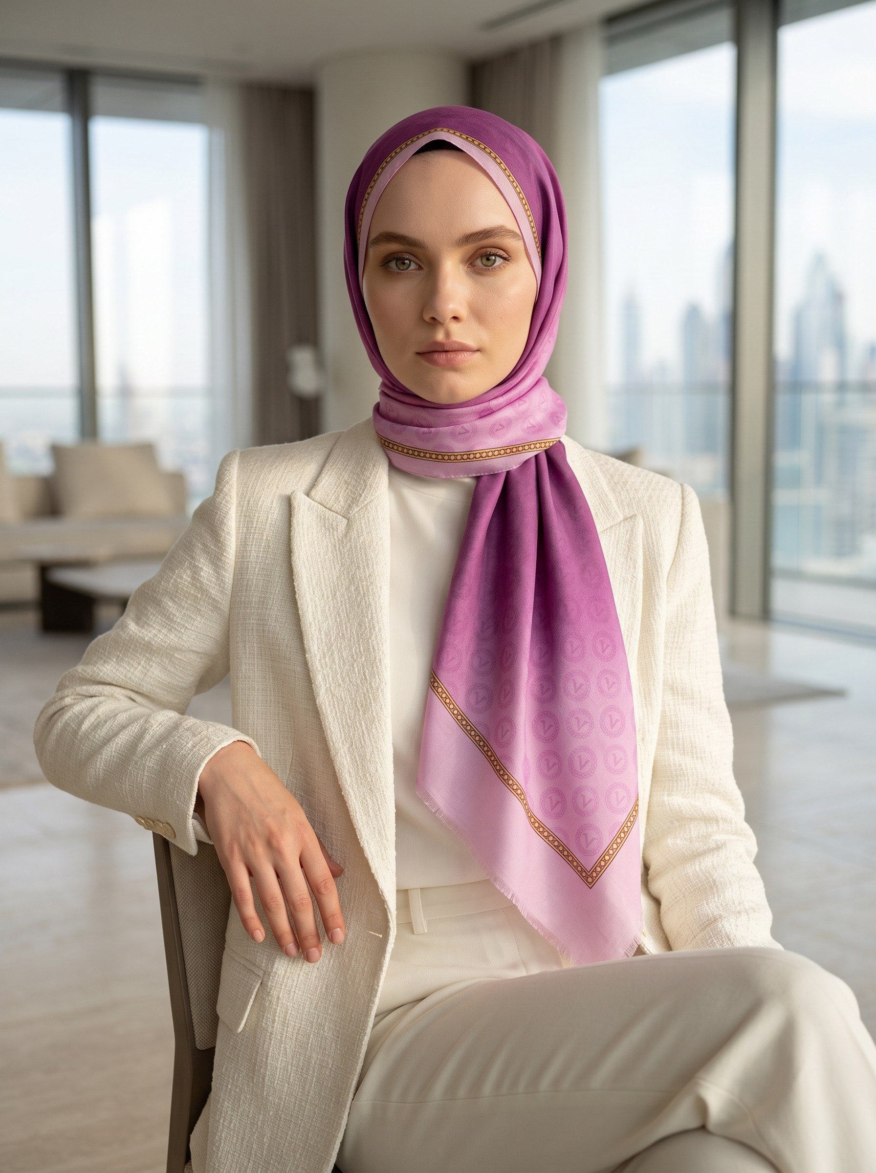 %100 Saf İpek Şal İnce Saten Vual Dokuma Degradeli Ve Monogram Desenli Pembe - Gold Renkli 90x210 Şal