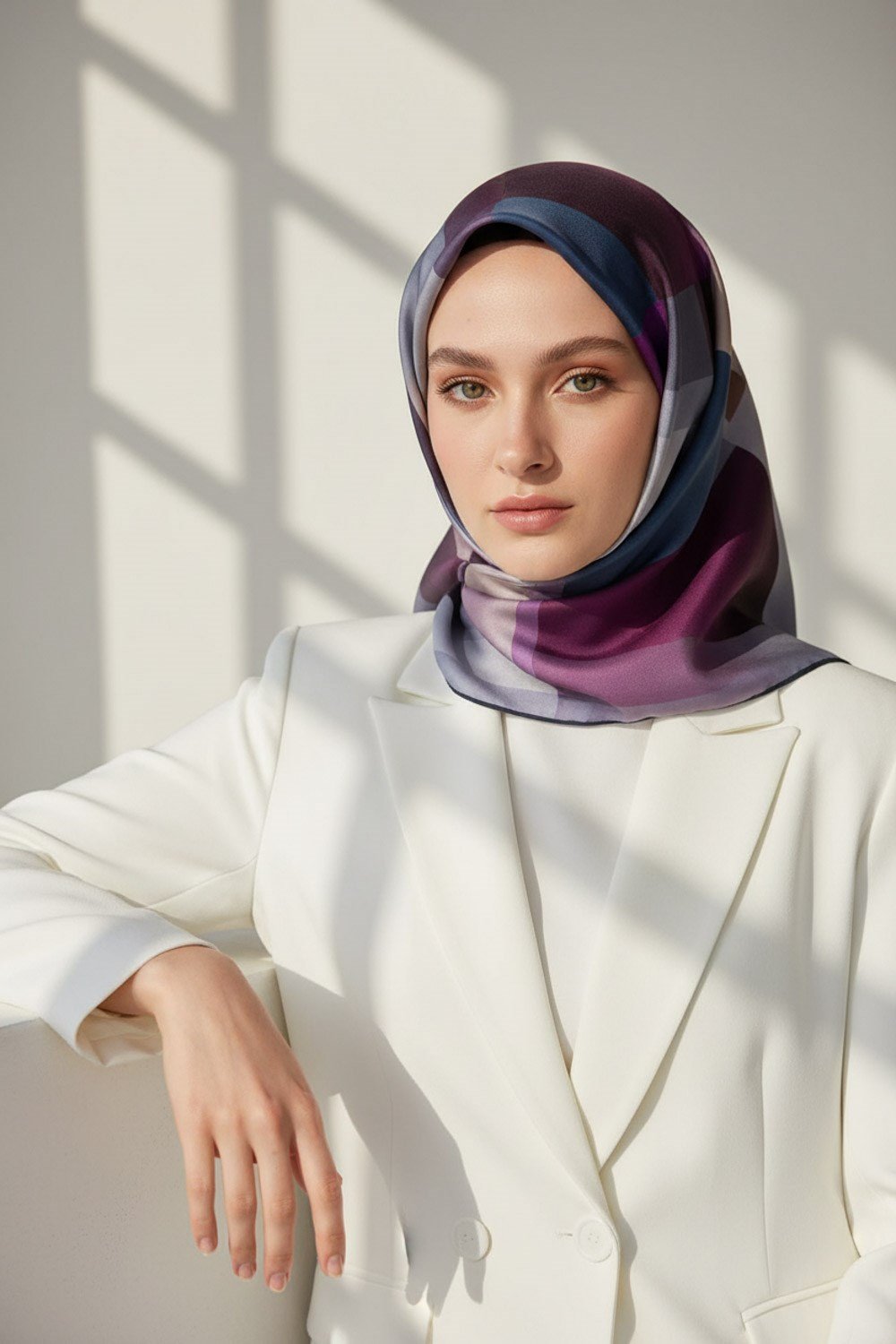 %100 Twill İpek Geometrik Desenli Mürdüm - İndigo Renkli 90x90 Eşarp Dikim Şekli : El Dikişi