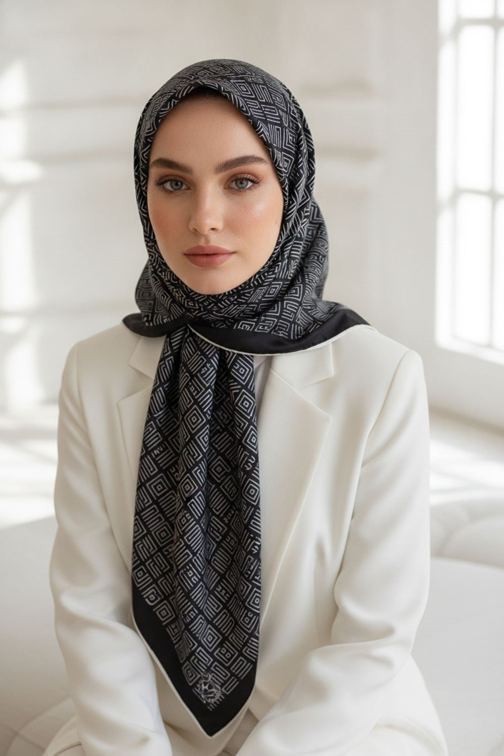 %57 İPEK %43 VİSKON Twill İpek Etnik Motif Desenli Siyah - Krem  Renkli 90x90 Eşarp Dikim Şekli : El Dikişi