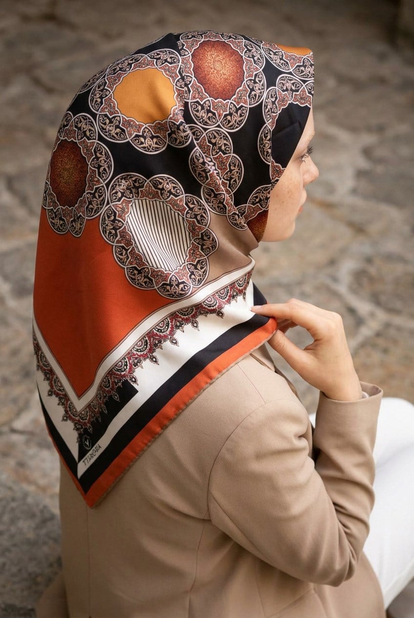 %100 Twill Türk Motifi  Desenli Bej - Taba Renkli 90x90 Eşarp Dikim Şekli: El Dikişi