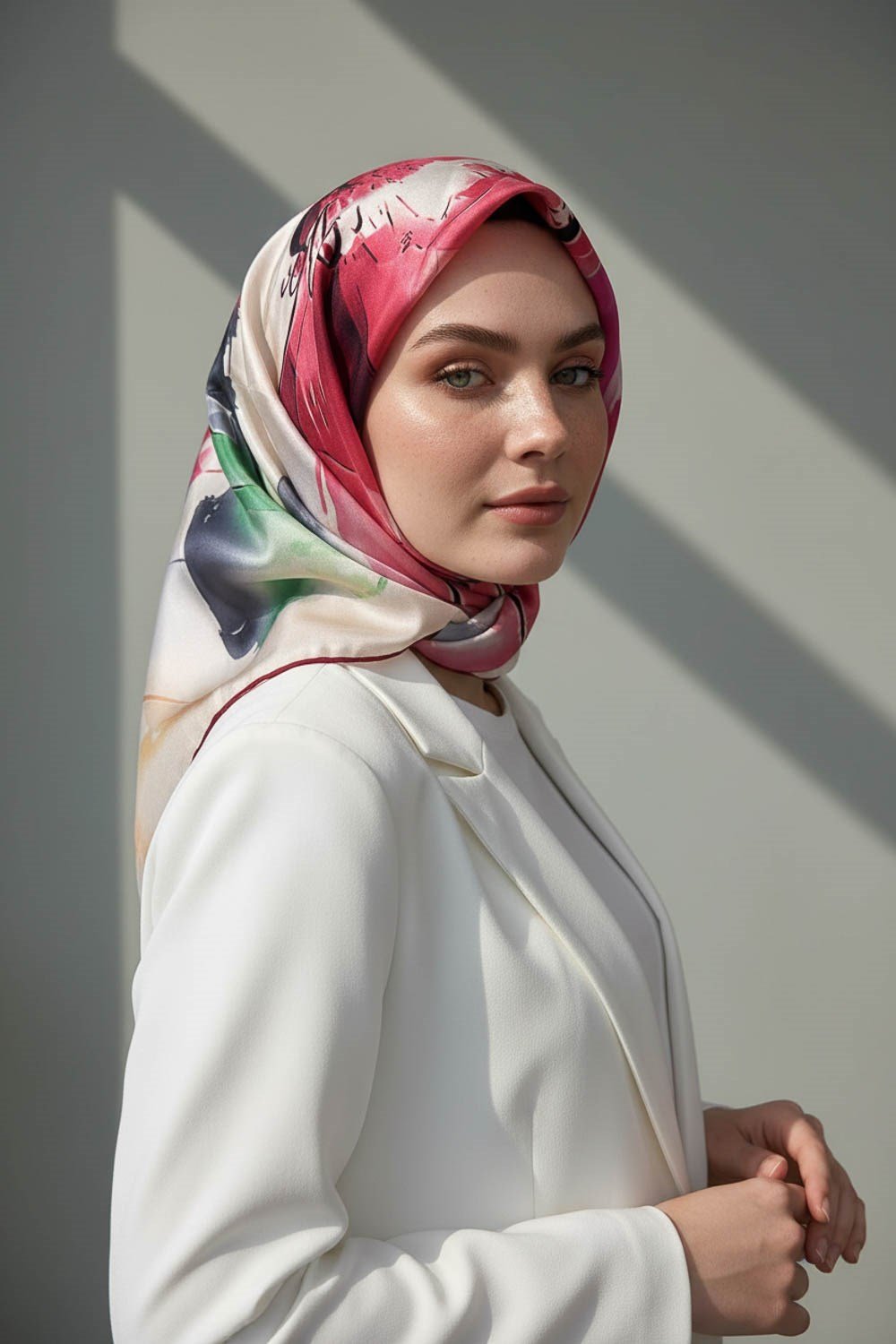 %100 Twill İpek Sulu Boya Çiçek Desenli Kırmızı - Fuşya Renkli 90x90 Eşarp Dikim Şekli : El Dikişi