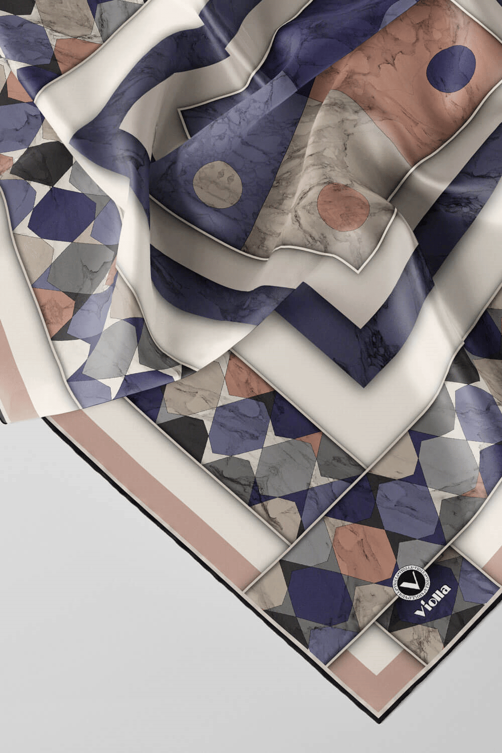 Twill Geometrik Mermer Desenli Pudra Renkli 90x90 Eşarp (İpek İçermez) Kenar Dikiş Şekli El Dikişli