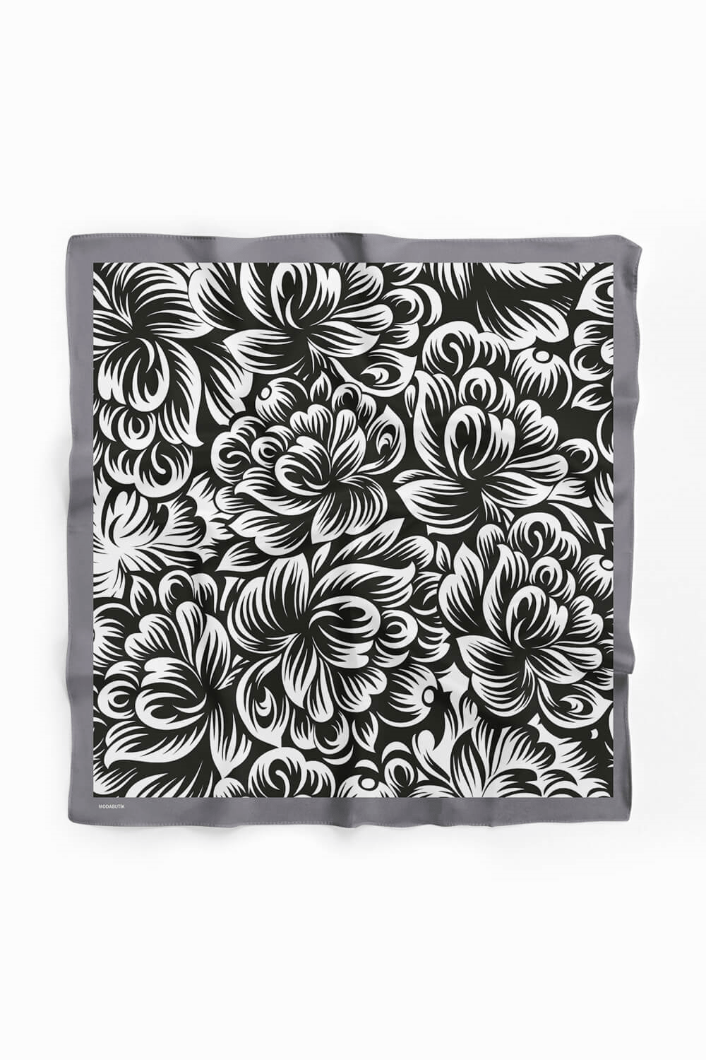 A80 Kadın Çiçek Desenli Bandana 50x50 Siyah Beyaz DG0409-22