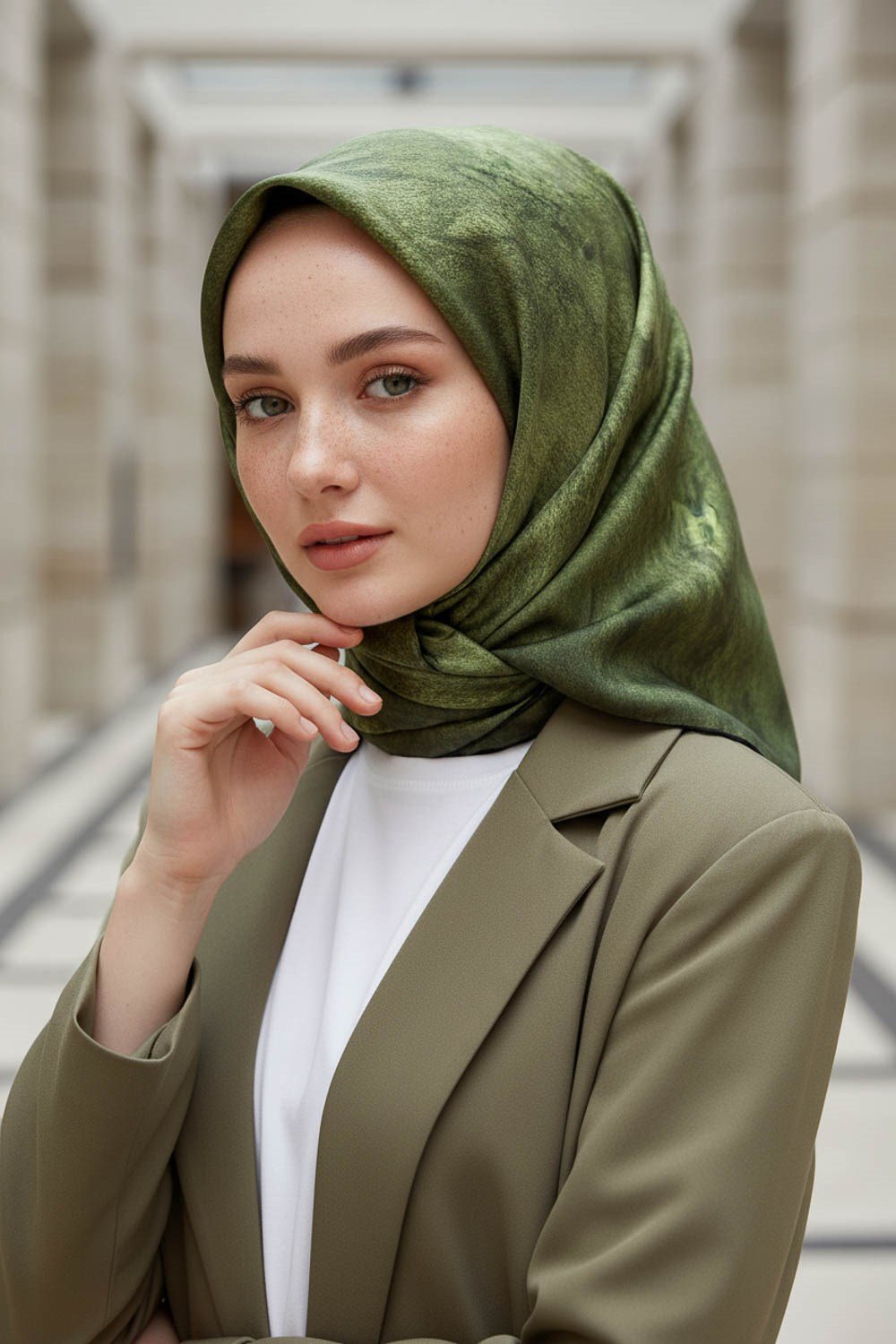 %100 Twill İpek Doku Desenli Haki Renkli 90x90 Eşarp Dikim Şekli : El Dikişi