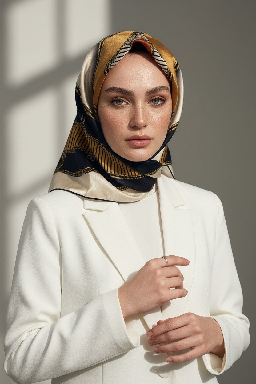 %100 Twill İpek Zincir Detaylı Geometrik Desenli Taba - Vizon Renkli 90x90 Eşarp Dikim Şekli : El Dikişi