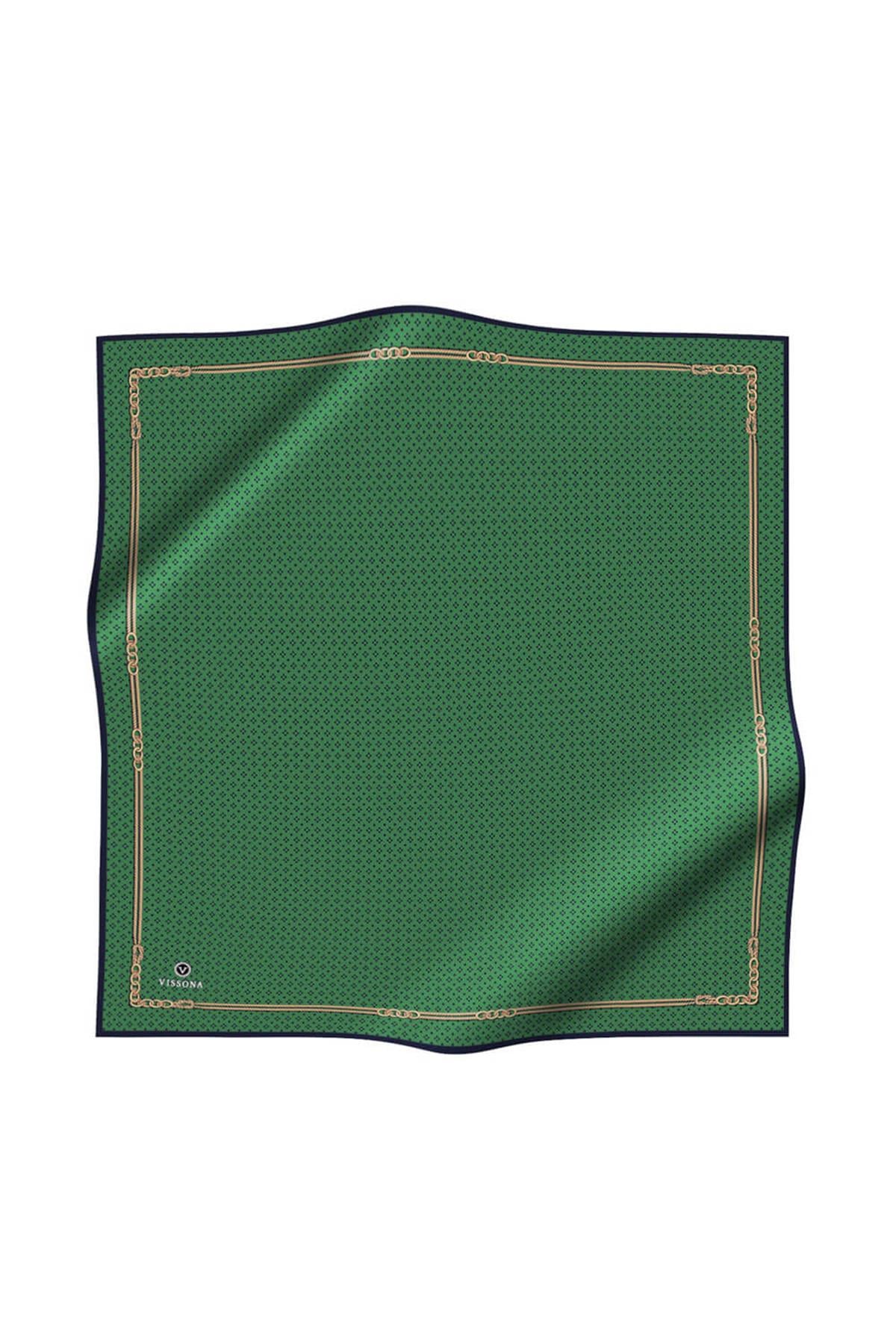 %100 Twill İpek Zincir Desenli Zümrüt Yeşili - Siyah Renkli 90x90 Eşarp Dikim Şekli : El Dikişi