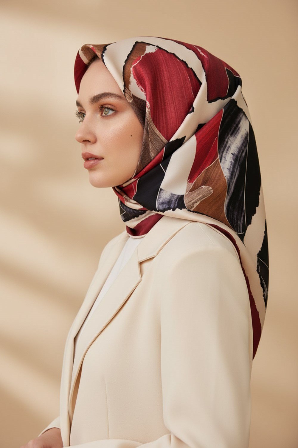 %100 Twill İpek Geometrik Desenli Bordo - Bej Renkli 90x90 Eşarp Dikim Şekli : El Dikişi