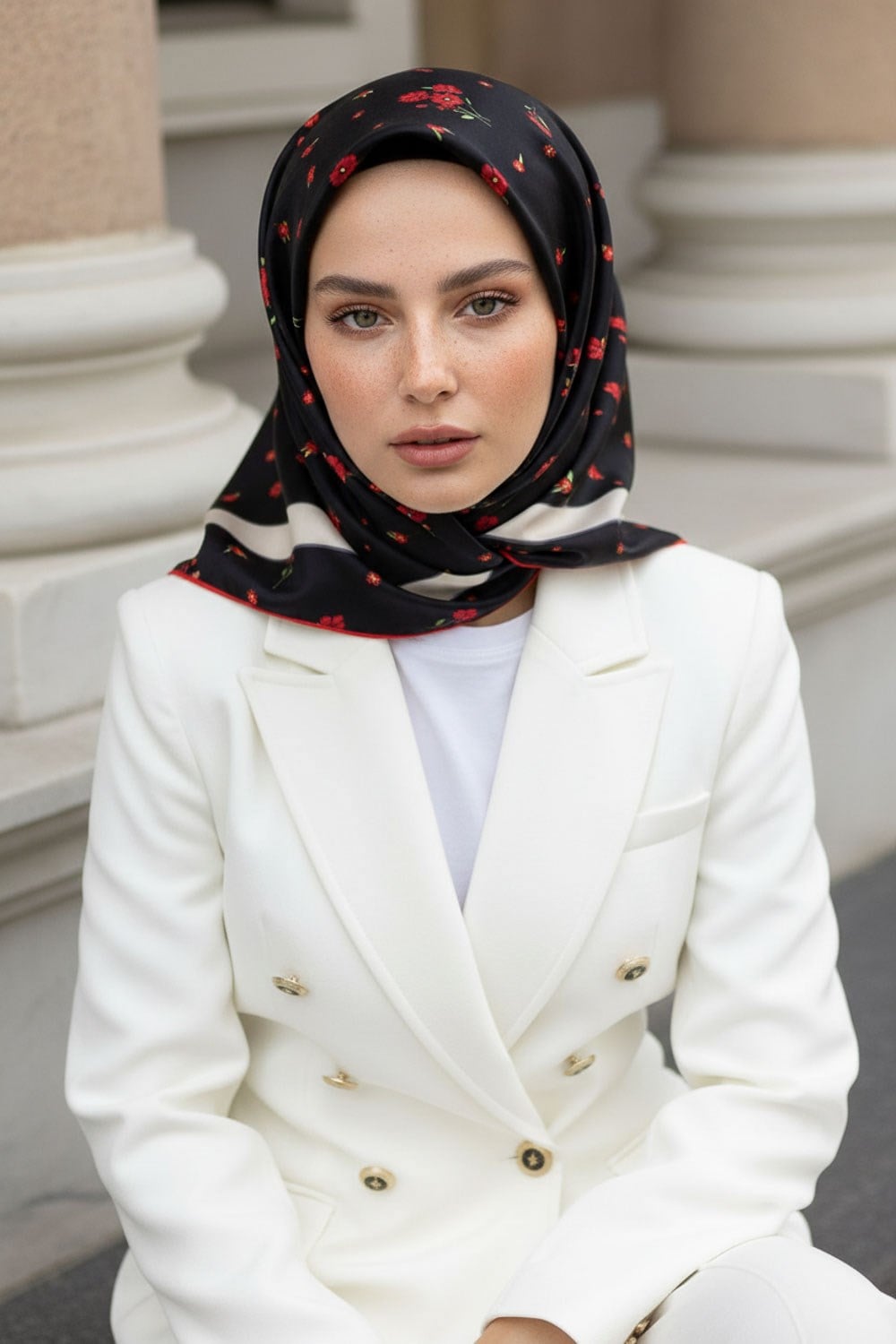 % 57 İPEK % 43 VİSKON Twill İpek Çıtır Çiçek Desenli Siyah - Kırmızı Renkli 90x90 Eşarp Dikim Şekli : El Dikişi