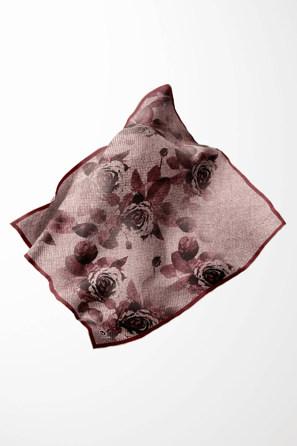 Twill Gül Desenli Pembe Renkli 90x90 Eşarp (İpek İçermez) Kenar Dikiş Şekli El Dikişli