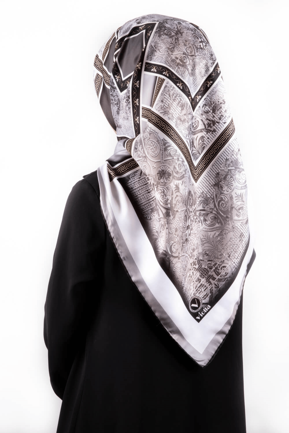 Twill Geometrik Desenli Gri Renkli 90x90 Eşarp (İpek İçermez) Kenar Dikiş Şekli El Dikişli