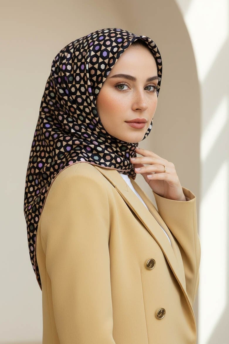 %100 Twill İpek Nokta Desenli Siyah - Bakır Renkli 90x90 Eşarp Dikim Şekli : El Dikişi