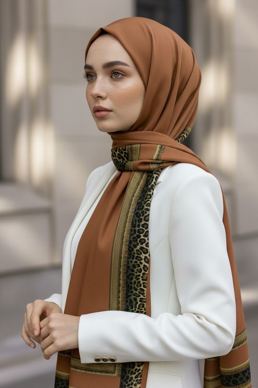 KREP LEOPAR BORDÜR DESENLİ BAKIR RENKLİ 75X195 KIRIŞMAZ ŞAL