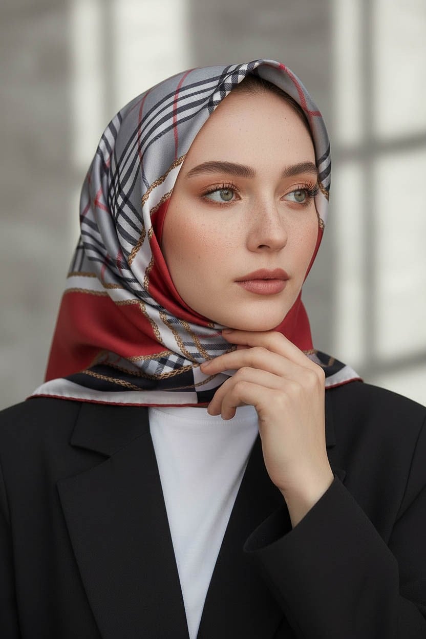 %100 Twill İpek Ekose Desenli Bordo Renkli 90x90 Eşarp Dikim Şekli : El Dikişi