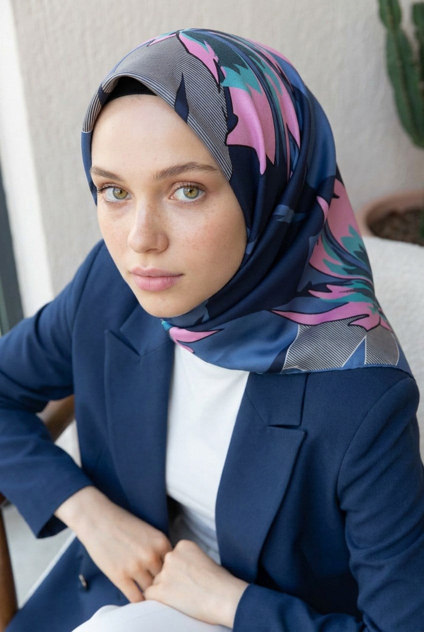 %100 Twill İpek Çiçek Desenli Lacivert - İndigo Renkli 90x90 Eşarp Dikim Şekli : El Dikişi