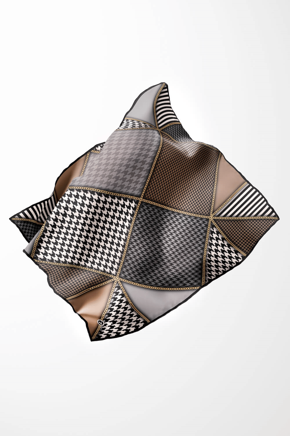 Twil Geometrik Ve Kazayak Desenli Gri - Bej Renkli 90x90 Eşarp (İpek İçermez) Dikim Şekli : El Dikişi