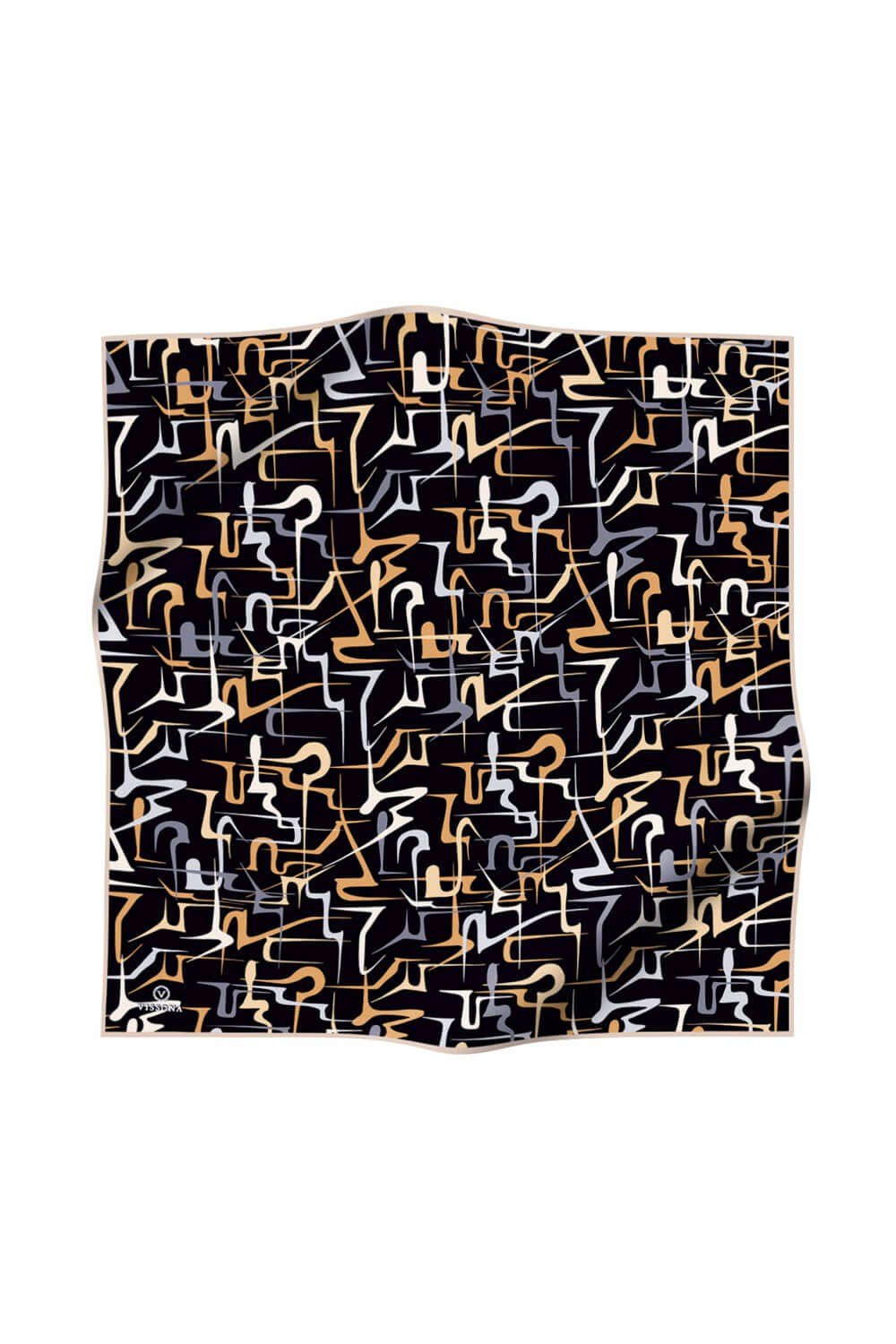 %100 Twill İpek Soyut Geometrik Desenli Gold - Gri Renkli 90x90 Eşarp Dikim Şekli : El Dikişi