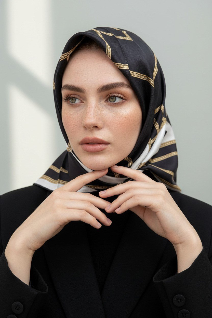 %100 Twill İpek Geometrik Desenli Siyah - Krem Renkli 90x90 Eşarp Dikim Şekli : El Dikişi