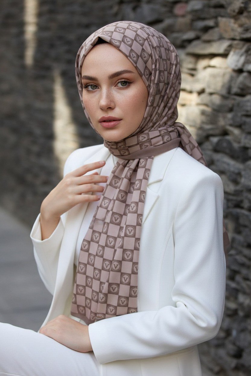 KREP MONOGRAM DESENLİ TAŞ RENKLİ 75X195 KIRIŞMAZ ŞAL