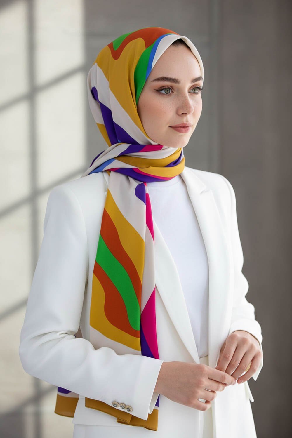 KREP GEOMETRİK DESENLİ SARI SRENKLİ 75X195 KIRIŞMAZ ŞAL