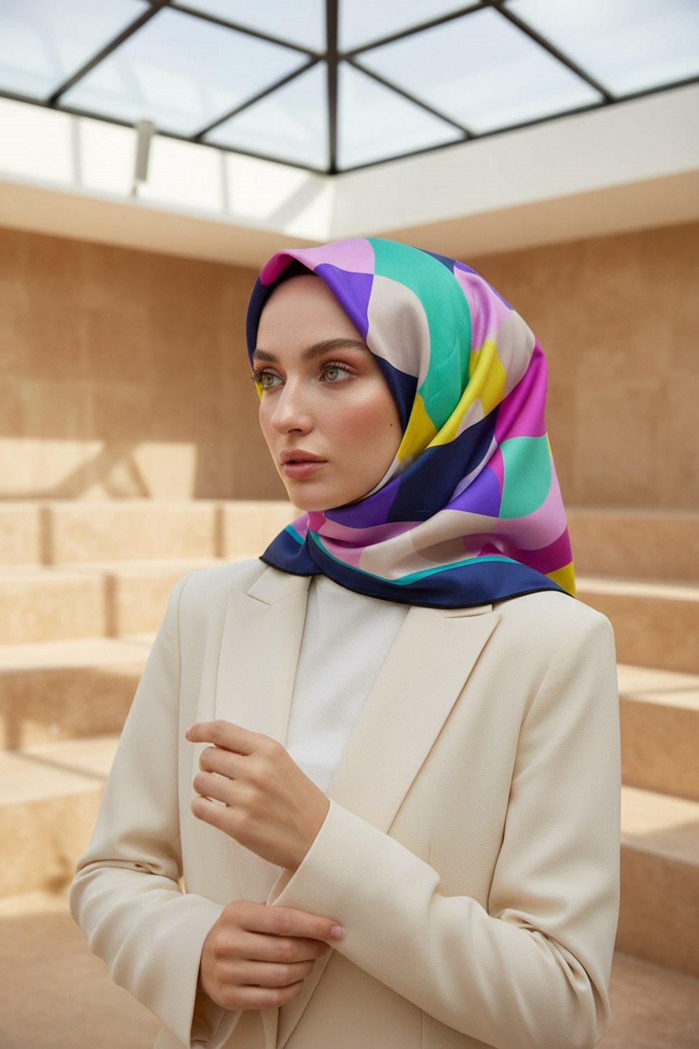 %100 Twill Renk Bloklu Çizgili Desenli Pembe - Lacivert Renkli 90x90 Eşarp Dikim Şekli: El Dikişii