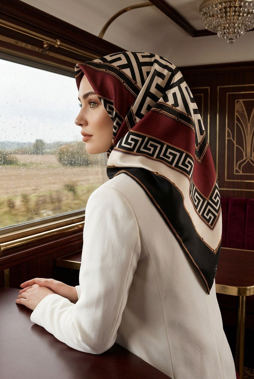 %100 Twill İpek Labirent Ve Geometrik Desenli Siyah - Bordo Renkli 90x90 Eşarp Dikim Şekli : El Dikişi