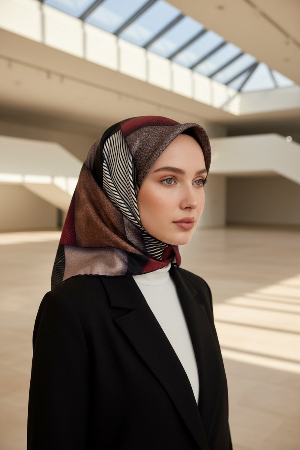%100 Twill İpek Dokulu ve Geometrik Desenli Bordo - Bej Renkli 90x90 Eşarp Dikim Şekli : El Dikişi
