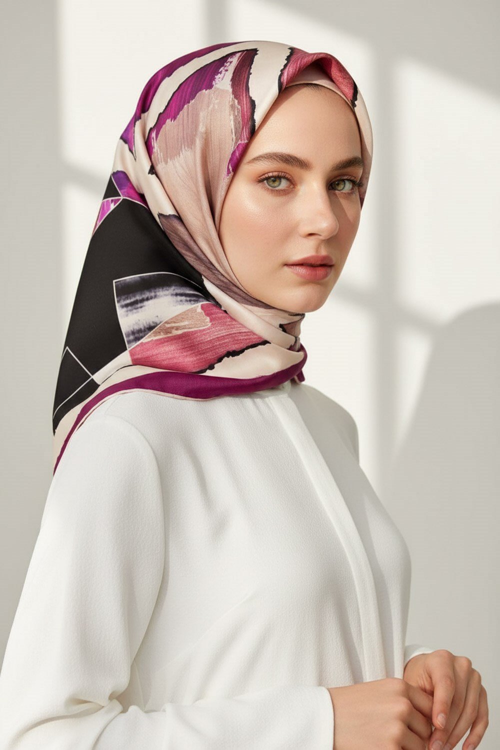%100 Twill İpek Geometrik Desenli Mürdüm - Somon Renkli 90x90 Eşarp Dikim Şekli : El Dikişi